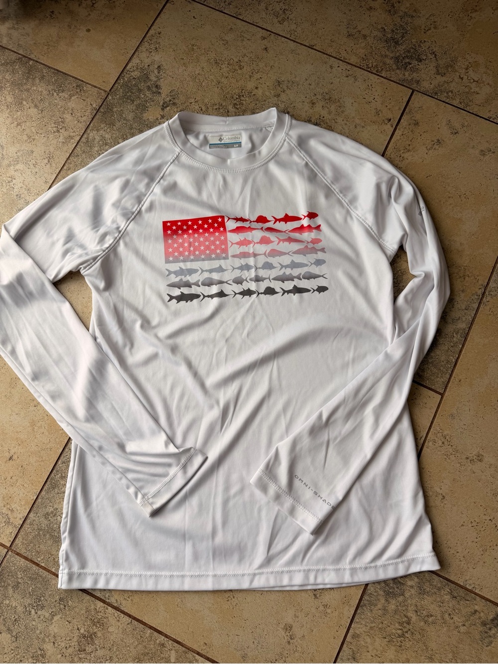 Columbia PFG Omni-Shade Fish American Flag Long Sleeve Shirt White S